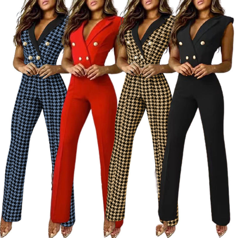 V-Ausschnitt Houndstooth Jumpsuit – Eleganter Business Look für Damen